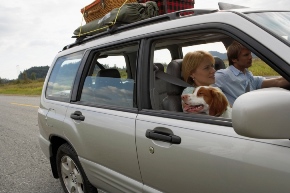 man driving and woman sitting in passenger seat holding a dog
