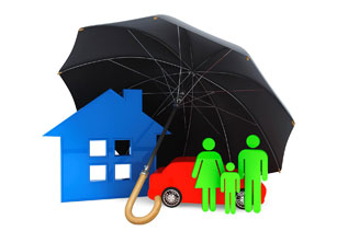 Car, home, family under umbrella